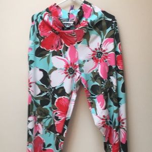 D & Co Beach Size L Pants Hawaiian floral pink loose fit